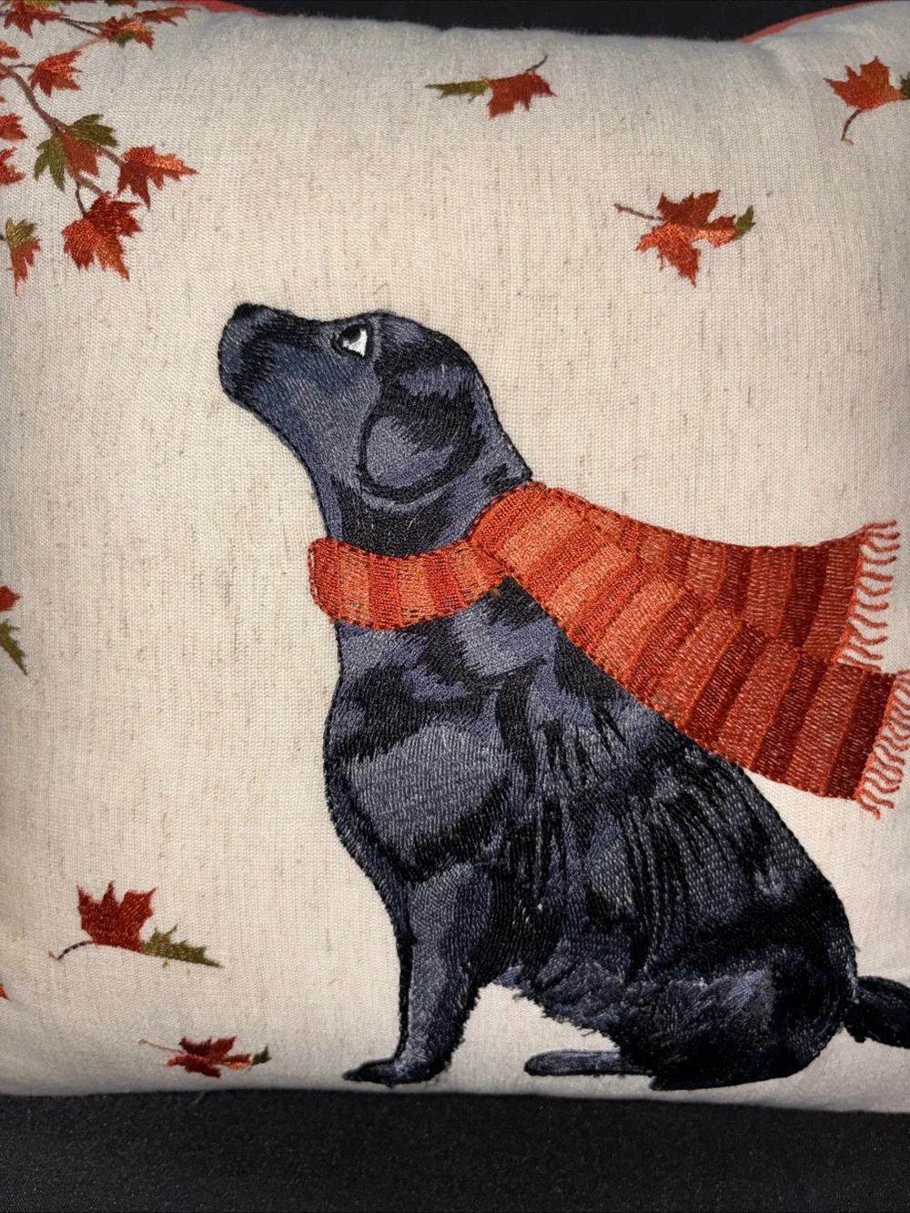 Pier 1 Black Labrador with Orange Scarf Embroidered Accent Pillow